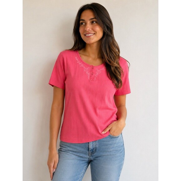 Basic Editions Tops - Basic Editions Women’s XL Pink Ribbed Cotton Henley Top Short Sleeve Floral